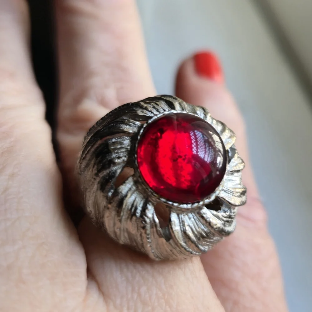 Vintage Modernist Ruby Red Glass Brutalist Statement Ring Adjustable